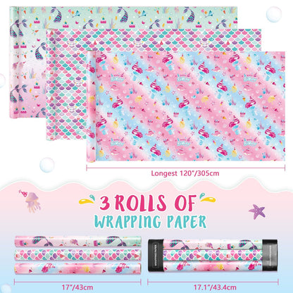 WERNNSAI Mermaid Wrapping Paper - 3 Rolls 17” x 120” Girls Birthday Wrapping Paper Rolls Mermaid Gift Wrap Paper Kids Pink Baby Shower Ocean Theme Party Gift Packing Supply with Cutting Lines