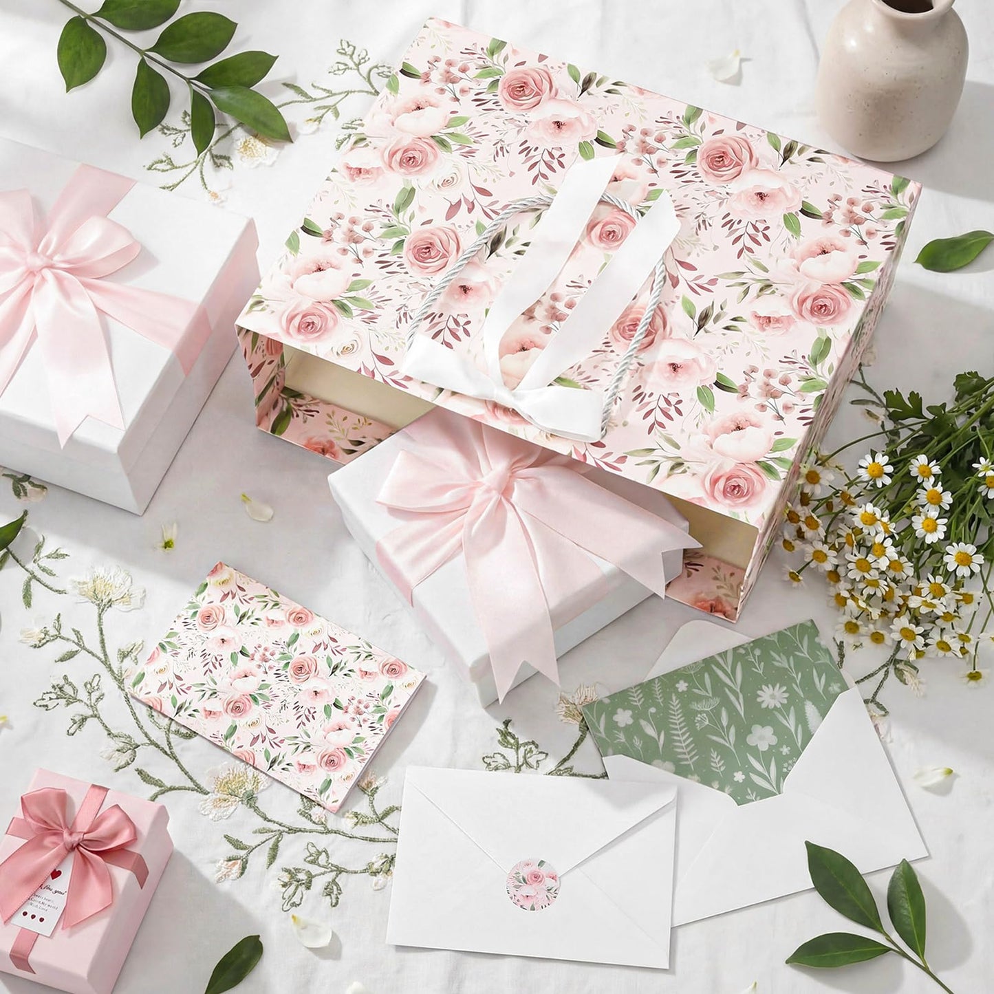 Silkfly 2 Pack Large Floral Gift Bags with Tissue Paper Ribbon Card & Envelope 13'' Flower Gift Bags for Woman Wedding Bridal Shower Baby Shower Birthday Spring Tea Party Flower Girl