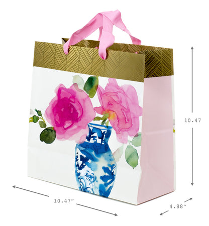 Hallmark 10" Large Square Gift Bag (Watercolor Flower and Vase) for Valentine's Day, Birthdays, Mothers Day, Anniversary, Bridal Showers and More