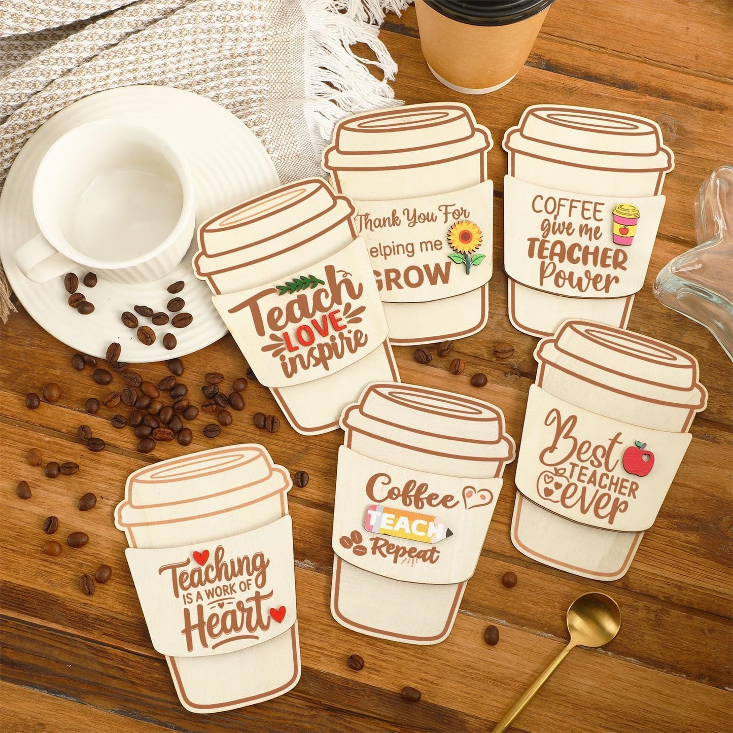 PETKNOWS 6 Pcs Teacher Gift Card Holder Wooden Coffee Gift Card Holder Thank You Card Sleeve Teacher Appreciation Gift Bulk Wooden Money Holders for Teachers’ Day Back to School Graduation Supplies