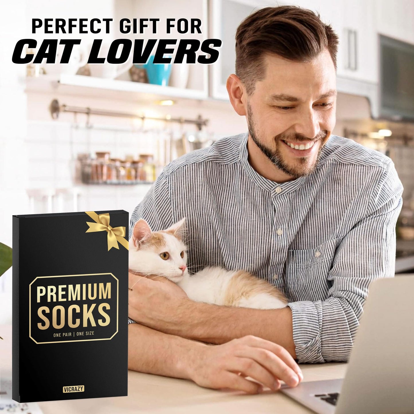 VICRAZY Funny Gifts For Men, Women – Fuzzy Cat Sock For Cat Dad Mom - Christmas Gifts, Stocking Stuffers for cat Lovers