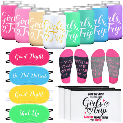 Tisancy 32 Pcs 2026 Girls Trip Gifts Favors Set Include Girls Trip Eye Mask Can Sleeves Socks Travel Makeup Bags for Women Girl Weekend Bachelorette Travel Vacation Party Favors
