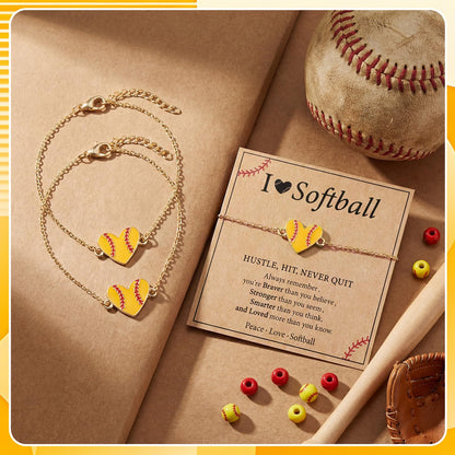 Landical 12 Set Softball Team Gift Bulk Gold Softball Heart Bracelets with Gift Card for Women Sport Lover Player Party Favor