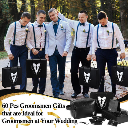 Roshtia 60 Pcs Groomsmen Proposal Gifts Set, Including 6 Toiletry Bags 6 Sunglasses 6 Cups 6 Can Sleeves 6 Beer Openers 6 Wallets 6 Keychains 6 Postcards 6 Gift Boxes 6 Gift Bags for Wedding Party