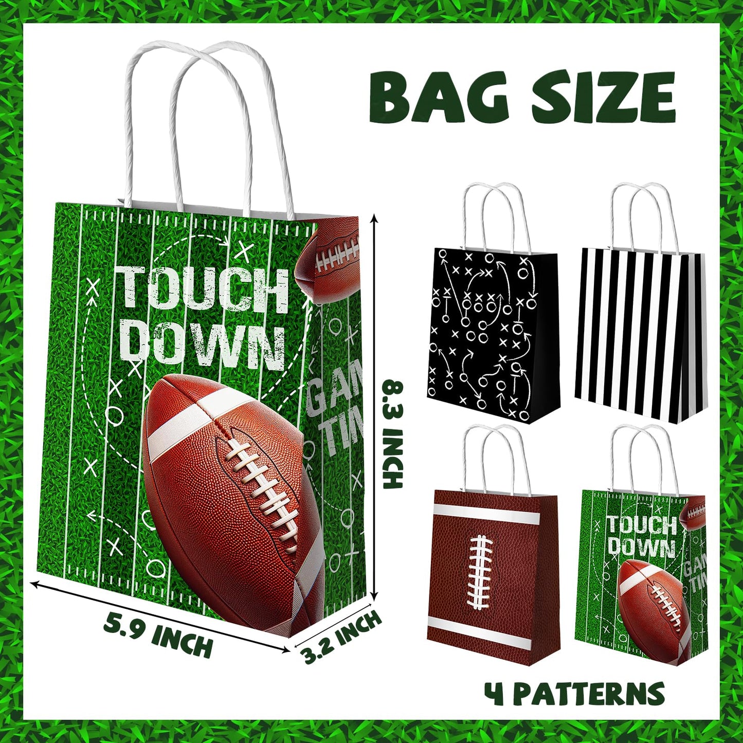 Juweked 12Pcs Football Gift Bags With Handle - Paper Goodie Bags for Snacks, Party Favors, Treats - Touchdown Game Time Party Decor