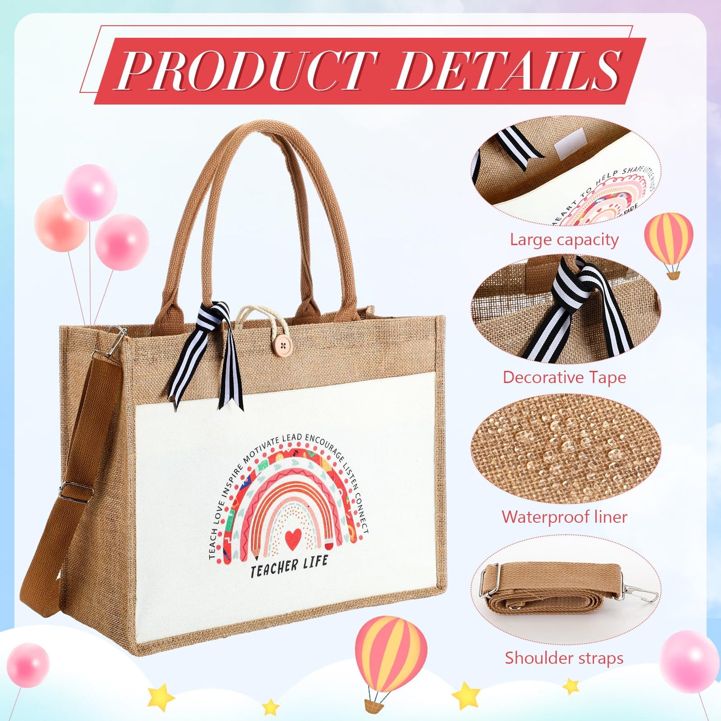 4 Pcs Teacher Appreciation Tote Bag Gifts for Women Teacher Rainbow Canvas Bag Thank You Burlap Totes Gifts for Appreciation Week, Coworker, Graduation, Birthday