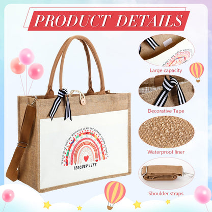 4 Pcs Teacher Appreciation Tote Bag Gifts for Women Teacher Rainbow Canvas Bag Thank You Burlap Totes Gifts for Appreciation Week, Coworker, Graduation, Birthday