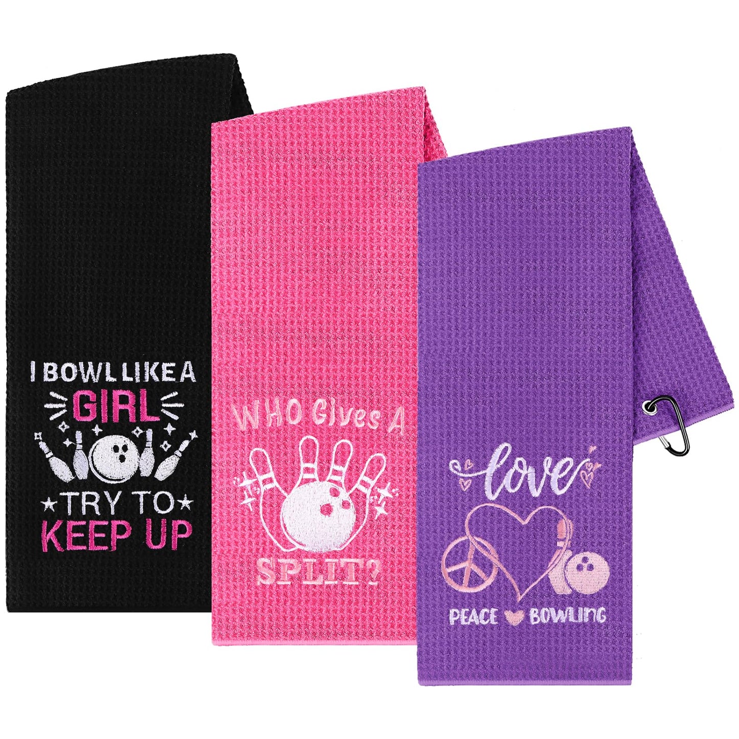 3 Pcs Bowling Towel Soft Embroidered Towels with Grommet Funny Bowling Ball Towel Absorbent Hand Towels Accessories Fans Birthday Xmas Gift for Women Sport Player Fitness Lovers Gift, 16 x 24 Inches