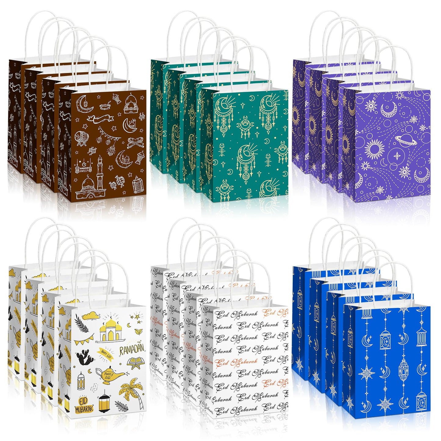 Epakh 24 Pcs Eid Mubarak Paper Gift Bags with Handle Ramadan Goodies Bags Moon Stars Lantern Ramadan Kareem for Islamic Muslim Party Favor Al Fitr Party