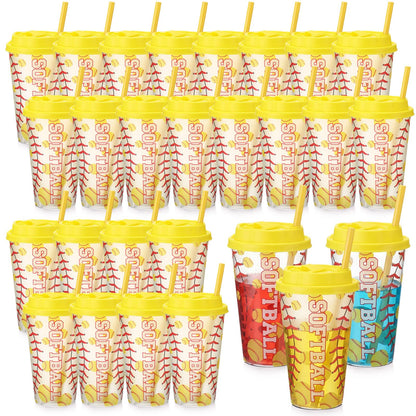 Softball Gifts for Team Includes 25 Pcs Softball Cups with Lids and Straws, Softball Party Favors Supplies 16oz Plastic Party Cups for Softball Party Decorations Birthday Team Gathering