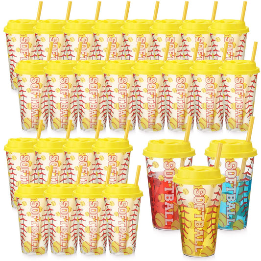 Softball Gifts for Team Includes 25 Pcs Softball Cups with Lids and Straws, Softball Party Favors Supplies 16oz Plastic Party Cups for Softball Party Decorations Birthday Team Gathering