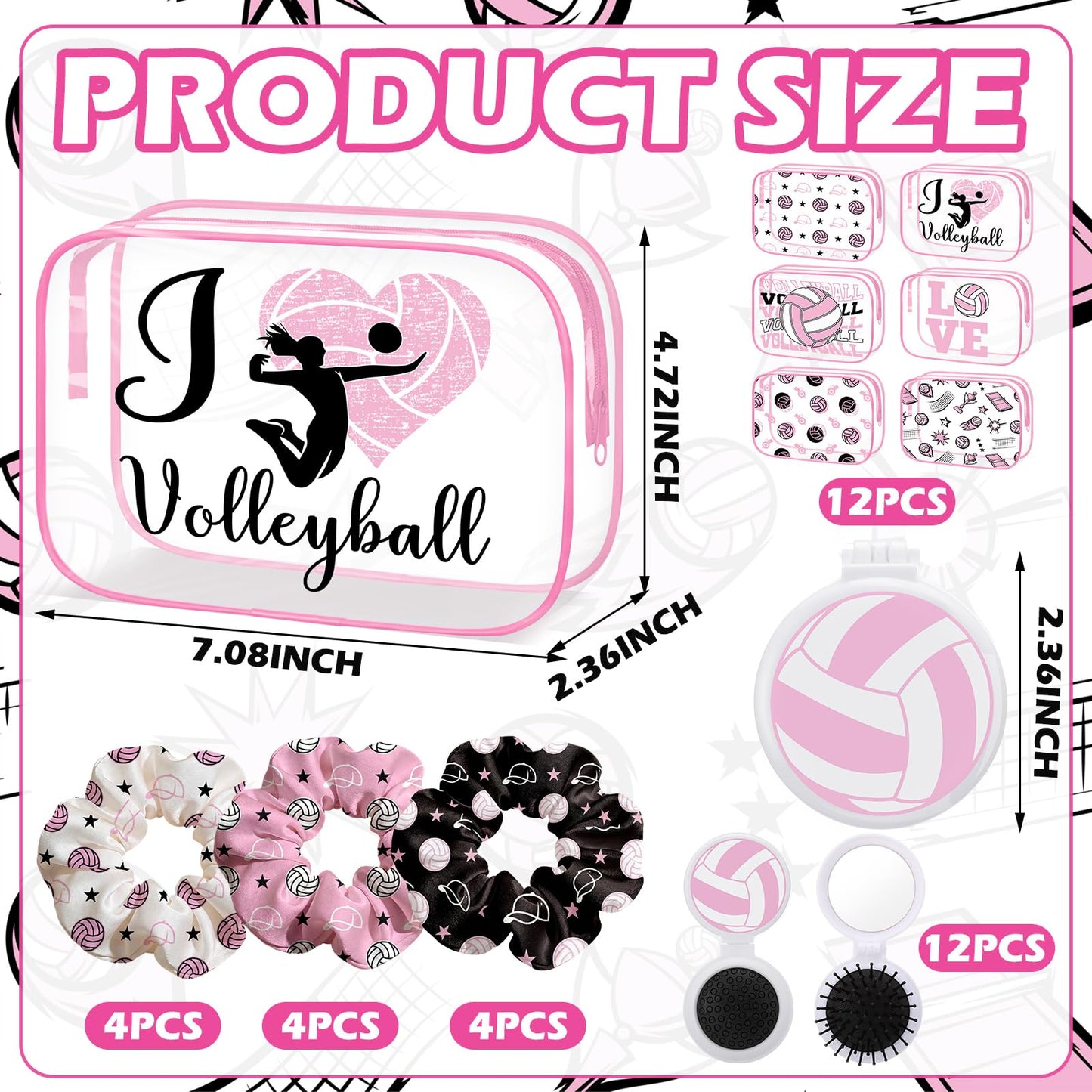 36 Pcs Pink Volleyball Gifts for Girl 12 Pink Volleyball Makeup Bag Bulk Cosmetic Bag Sport Team Gifts with 12 Sport Hair Scrunchies 12 Round Portable Folding Brush Mirror for Team Party