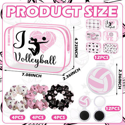 36 Pcs Pink Volleyball Gifts for Girl 12 Pink Volleyball Makeup Bag Bulk Cosmetic Bag Sport Team Gifts with 12 Sport Hair Scrunchies 12 Round Portable Folding Brush Mirror for Team Party
