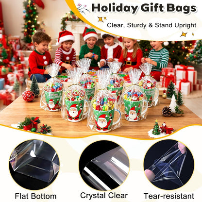 PigPotParty Cellophane Bags 8x11 Inch, 50 Pack Clear Plastic Gift Bags with Bottom Gusset for Stand-Up Display, Medium Cello Gift Wrap for Goodies, Treats, Party Favors, Mugs, Includes 50 Gold Ties