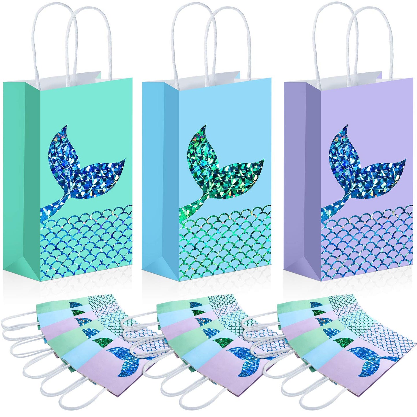 Zonon Mermaid Treats Goodie Candy Bags Set Princess Theme Party Gift Paper Bags Storage Portable for Birthday Pool Party Favors Supplies (18 Pcs)