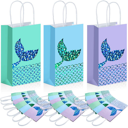 Zonon Mermaid Treats Goodie Candy Bags Set Princess Theme Party Gift Paper Bags Storage Portable for Birthday Pool Party Favors Supplies (18 Pcs)