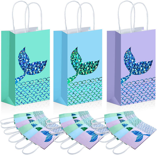 Zonon Mermaid Treats Goodie Candy Bags Set Princess Theme Party Gift Paper Bags Storage Portable for Birthday Pool Party Favors Supplies (18 Pcs)