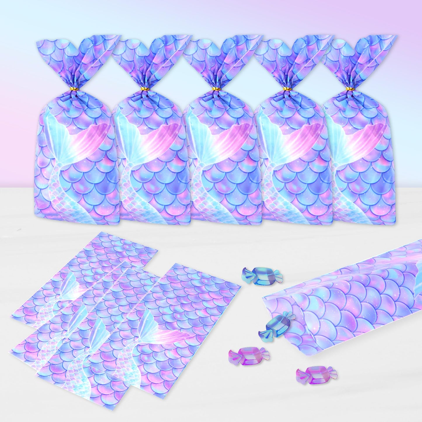 Mikzhskr Mermaid Party Favors - 30 Pcs Decorations, Cookie Goodie Candy Gift Bags, Little Mermaid Cellophane Treat Bags With 30 Pcs Gold Twist Ties for Birthday Party Supplies