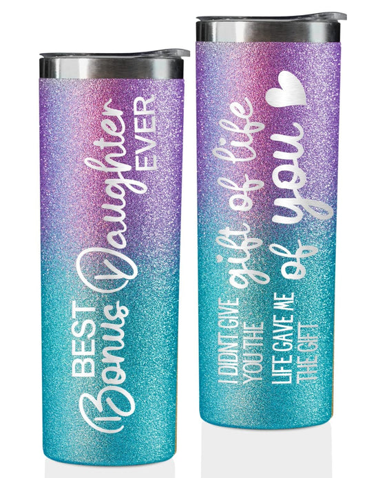 Onebttl Bonus Daughter Gift - 20oz Stainless Steel Travel Mug With Lid and Straw for Birthday, Christmas or Thanksgiving - Best Bonus Daughter Ever