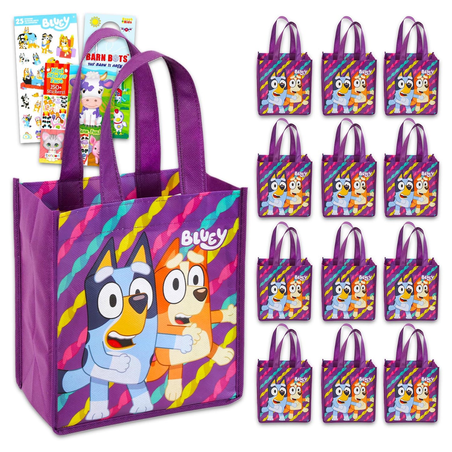 Bluey Party Favor Bag Set - 12 Reusable Totes, Stickers and More | Bluey Birthday Party Supplies for Kids