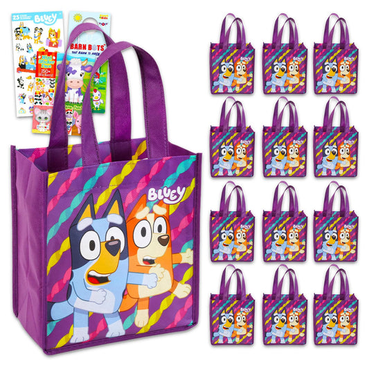 Bluey Party Favor Bag Set - 12 Reusable Totes, Stickers and More | Bluey Birthday Party Supplies for Kids