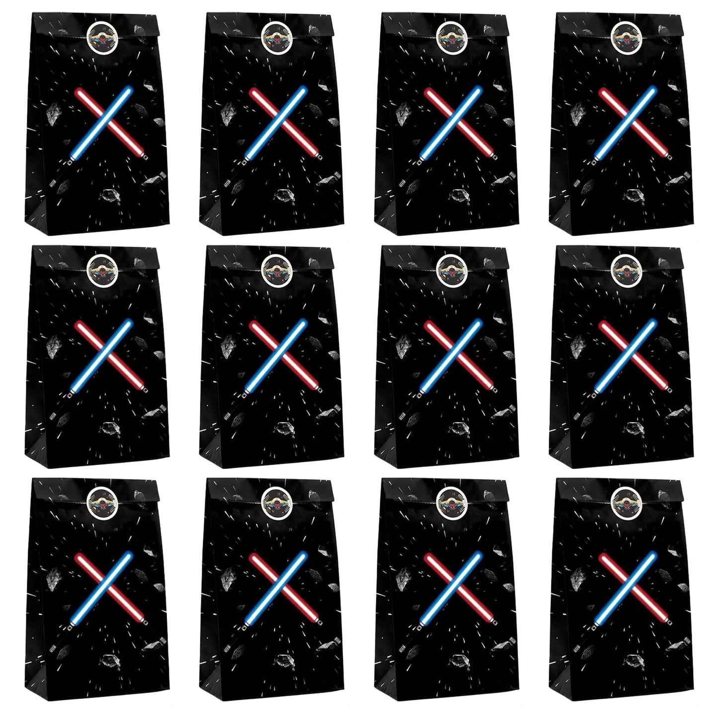 FestiVex 12Pcs Black Galaxy Goodie Paper Bags with Airship Stickers, Space Themed Candy Bags for Birthday Party Favors, Baby Shower, Video Game Party Decorations for Kids and Teens (12)