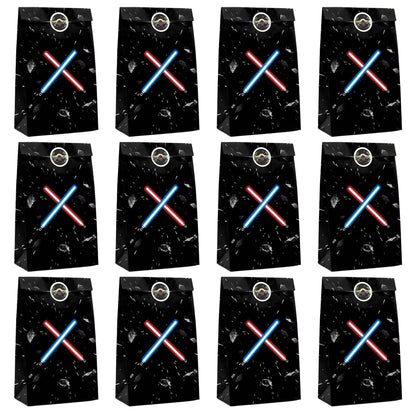FestiVex 12Pcs Black Galaxy Goodie Paper Bags with Airship Stickers, Space Themed Candy Bags for Birthday Party Favors, Baby Shower, Video Game Party Decorations for Kids and Teens (12)