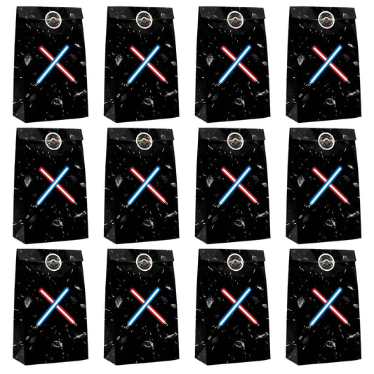 FestiVex 12Pcs Black Galaxy Goodie Paper Bags with Airship Stickers, Space Themed Candy Bags for Birthday Party Favors, Baby Shower, Video Game Party Decorations for Kids and Teens (12)