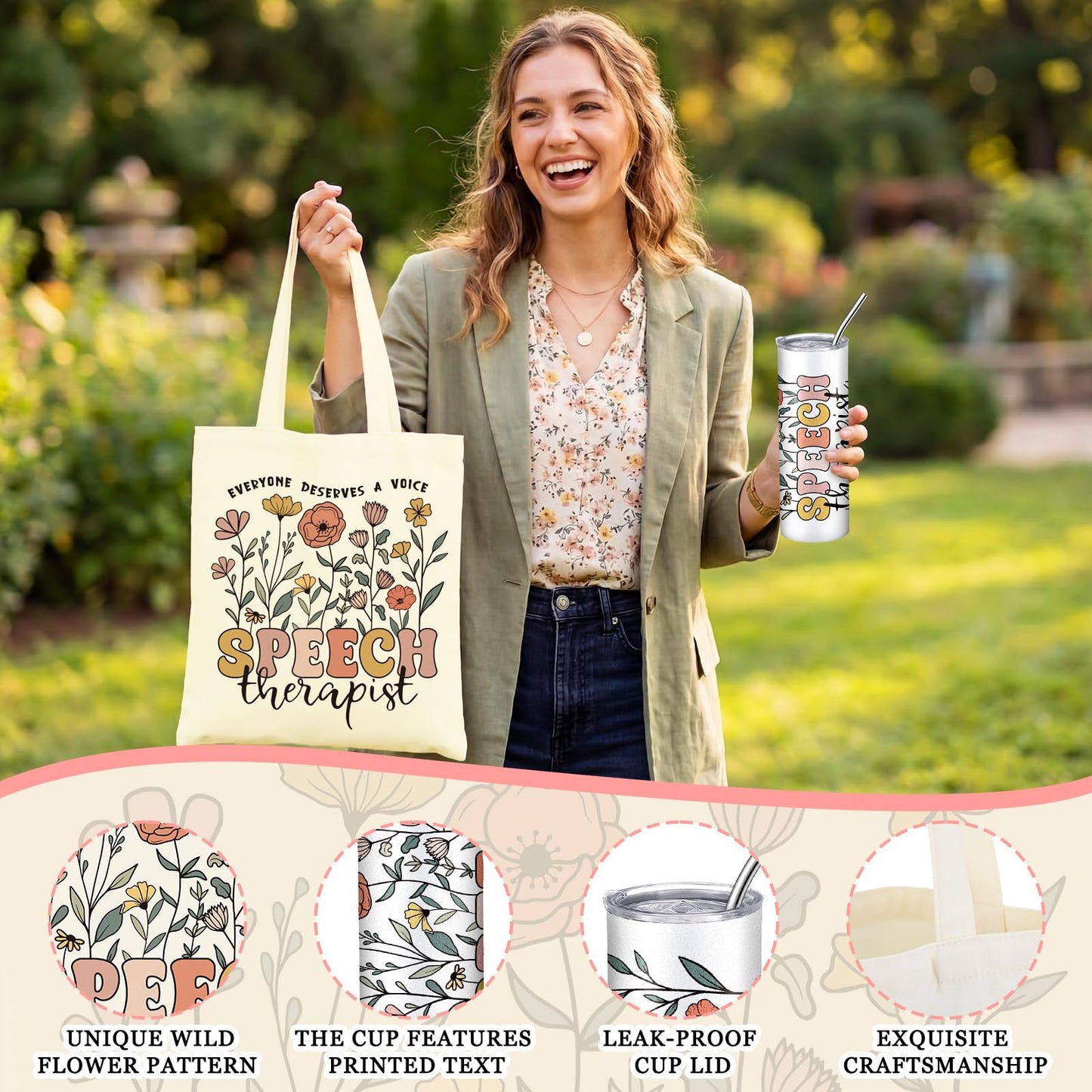 Geiserailie 6 Pcs Speech Therapy Gifts Speech Language Pathologist Appreciation Gifts Set with 20 oz Tumbler Tote Makeup Bag Card Pen for SLP Assistant Therapist Pathologist