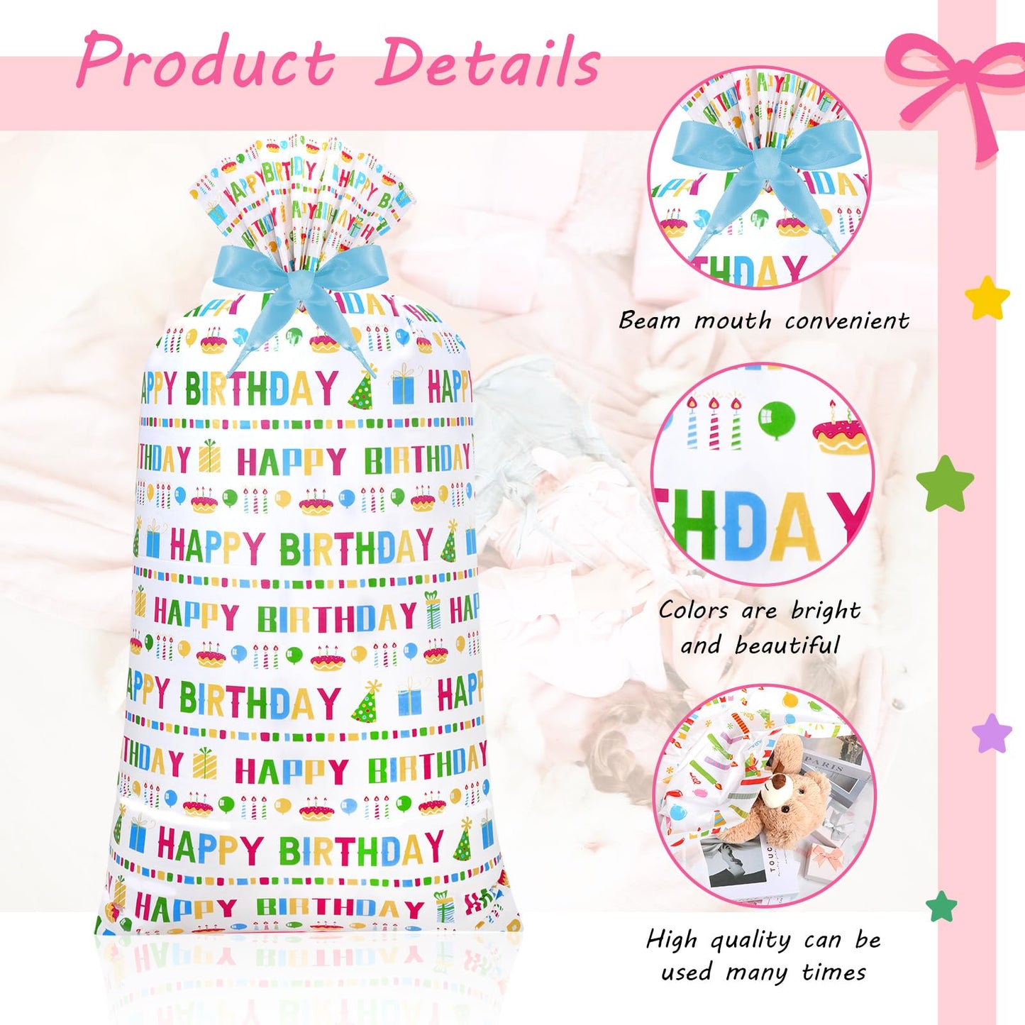 Teling 2 Pcs Large Birthday Plastic Gift Bags 70 x 40 Oversized Plastic Storage Bags with 2 Rolls Ribbons for Birthday Party, New Parents Shower, Bicycle Bike, Holiday
