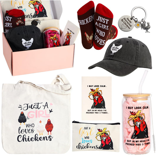Bayelove Funny Chicken Gifts for Women Chicken Lovers Stuff Chicken Lovers Gifts for Women Include Chicken Glass Cup Canvas Tote Bag Makeup Bag Keychain Hat Socks Card for Birthday Christmas