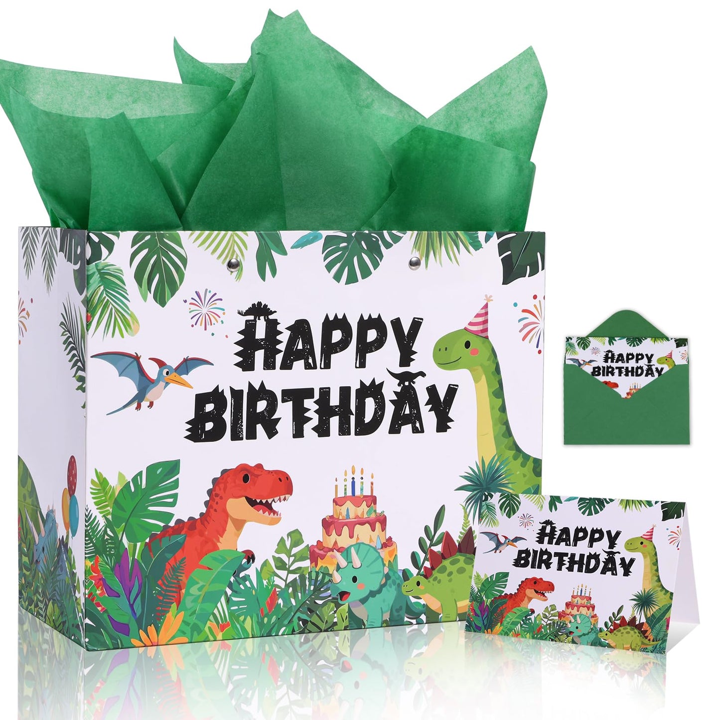 Lednica Dinosaur Happy Birthday Gift Bag with Tissue Paper, Envelop and Greeting Card, T-Rex Paper Gift Bags for Kids Boys Girls, Green Dino Party Favors Supplies, 11.8"x9.5"x5.3"