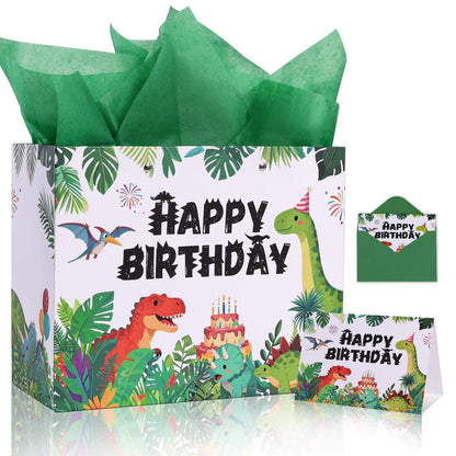 Lednica Dinosaur Happy Birthday Gift Bag with Tissue Paper, Envelop and Greeting Card, T-Rex Paper Gift Bags for Kids Boys Girls, Green Dino Party Favors Supplies, 11.8"x9.5"x5.3"