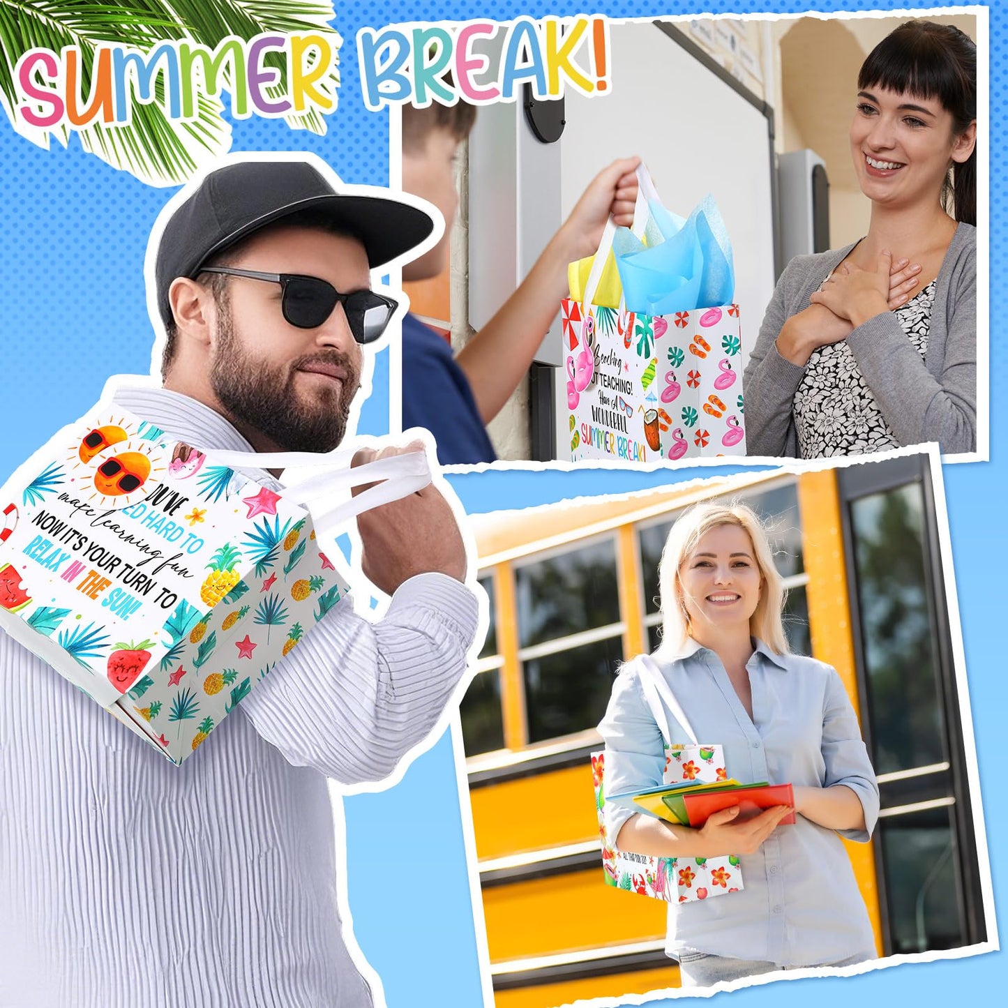 Kolldenn 12 Pcs End of Year Teacher Gifts Appreciation Gift Bag with Tissue Paper 10 x 8 x 4'' Medium Summer Thank You Teacher Wrapping Bag with Tag for Retirement School Year End Appreciation