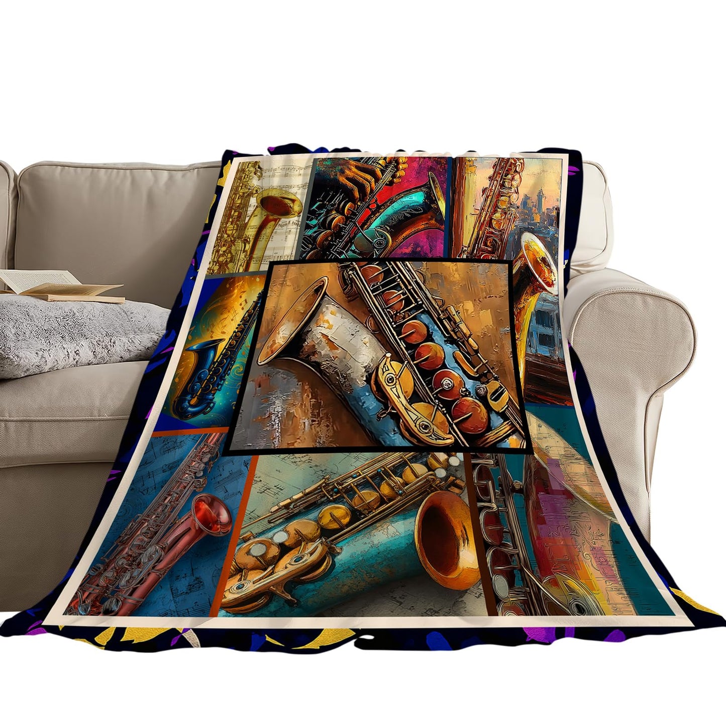 Taimeng Saxophone Throw Blanket, Sax Jazz Music Themed Blanket, Musicians Music Lovers Stuffed Fleece Cozy Flannel Warm Lightweight Blankets Gifts for Kids Teens Women Men Girls Boys 40"X50"