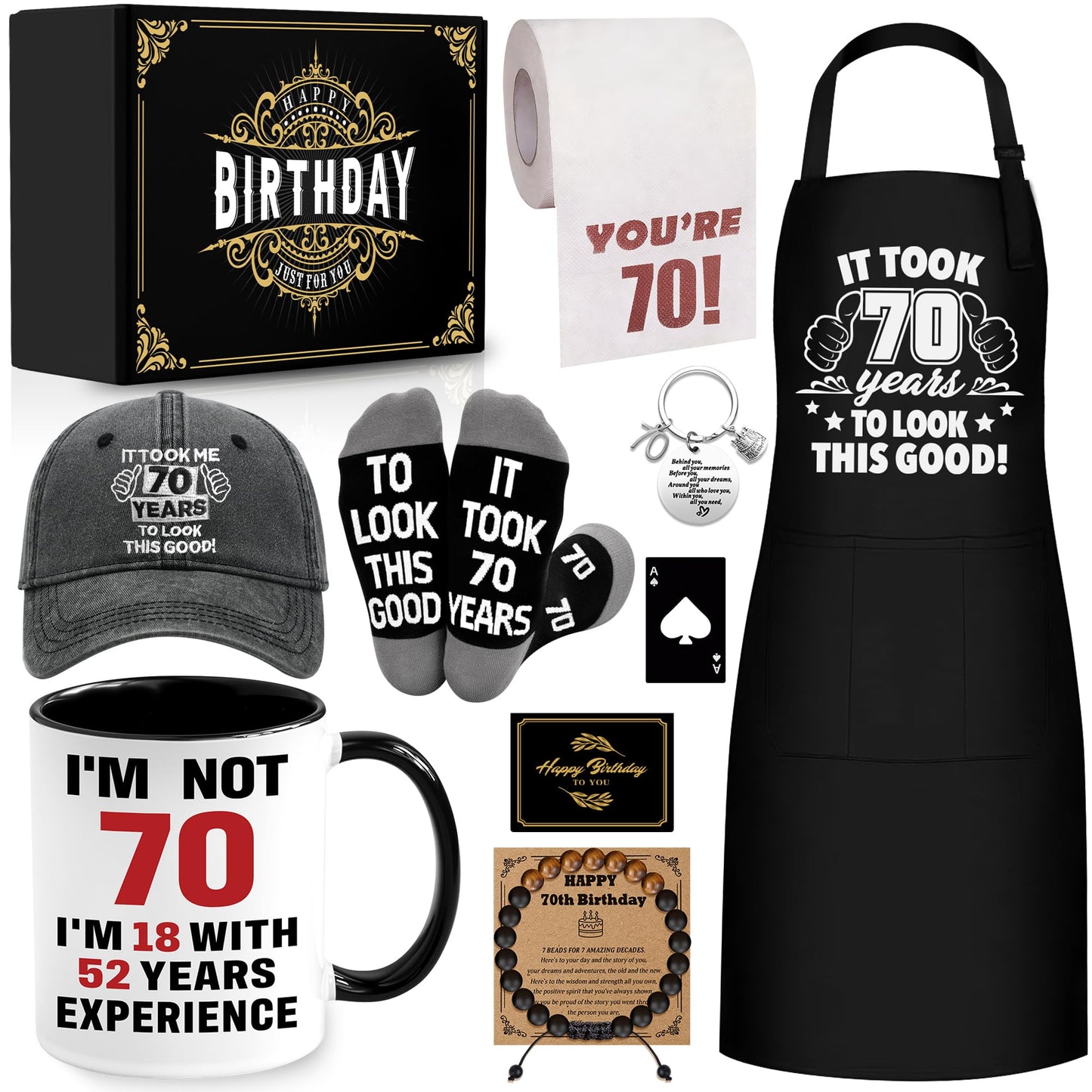 70th Birthday Gifts for Men Coffee Mug Set, 70th Birthday Party Supplies, Turning 70 Gift with 11 Oz Ceramic Cup Baseball Cap Apron Sock Bracelet Toilet Paper Keychain for Him, Dad, Husband, Friends