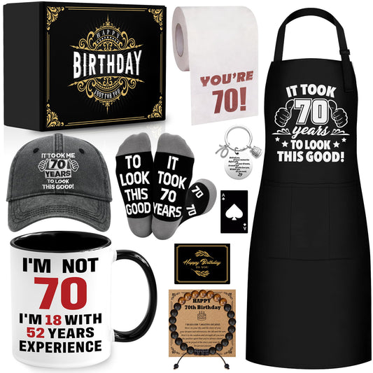 70th Birthday Gifts for Men Coffee Mug Set, 70th Birthday Party Supplies, Turning 70 Gift with 11 Oz Ceramic Cup Baseball Cap Apron Sock Bracelet Toilet Paper Keychain for Him, Dad, Husband, Friends