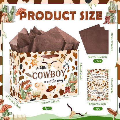 Frakron Cowboy Baby Shower Birthday Gift Bag for Baby Boys A Little Cowboy is On The Way Bag with Wrapping Paper Card Wild West Western Rodeo Gift Bag for Baby Shower Birthday Party Supplies