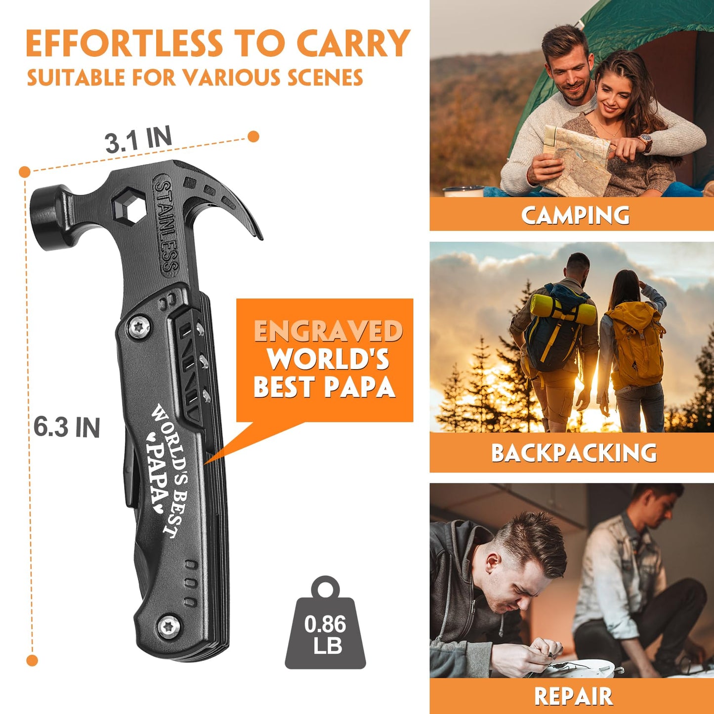 WILLUCK Papa Gifts - Christmas Practical Gifts for Papa, Best Papa Gifts - "WORLD'S BEST PAPA" 15 in 1 Multitool Hammer - Papa Gifts from Grandchildren - Fathers Day Birthday Gift Ideas for Papa