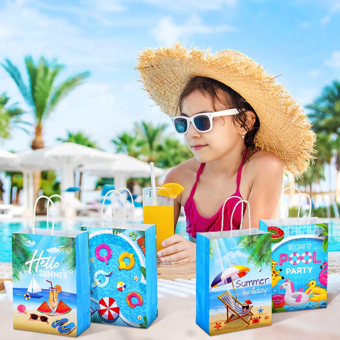 Outus 24 Pieces Summer Pool Party Favors Bags Beach Gift Goodie Paper Bags with Handles Beach Swimming Pool Candy Treat Pouch for Summer Hawaiian Luau Birthday Holiday Party Supplies