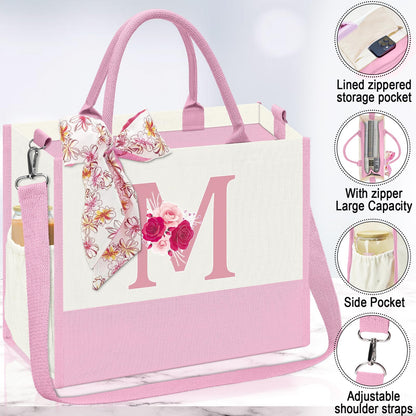 Mother's Day Gifts,Birthday Gift for Women,Initial Canvas Tote Bag,Personalized Gifts for Women,16oz Glass Cup With Straw,Jewelry Storage Box,Monogrammed Gift for Woman Mom Sister Bestie-M