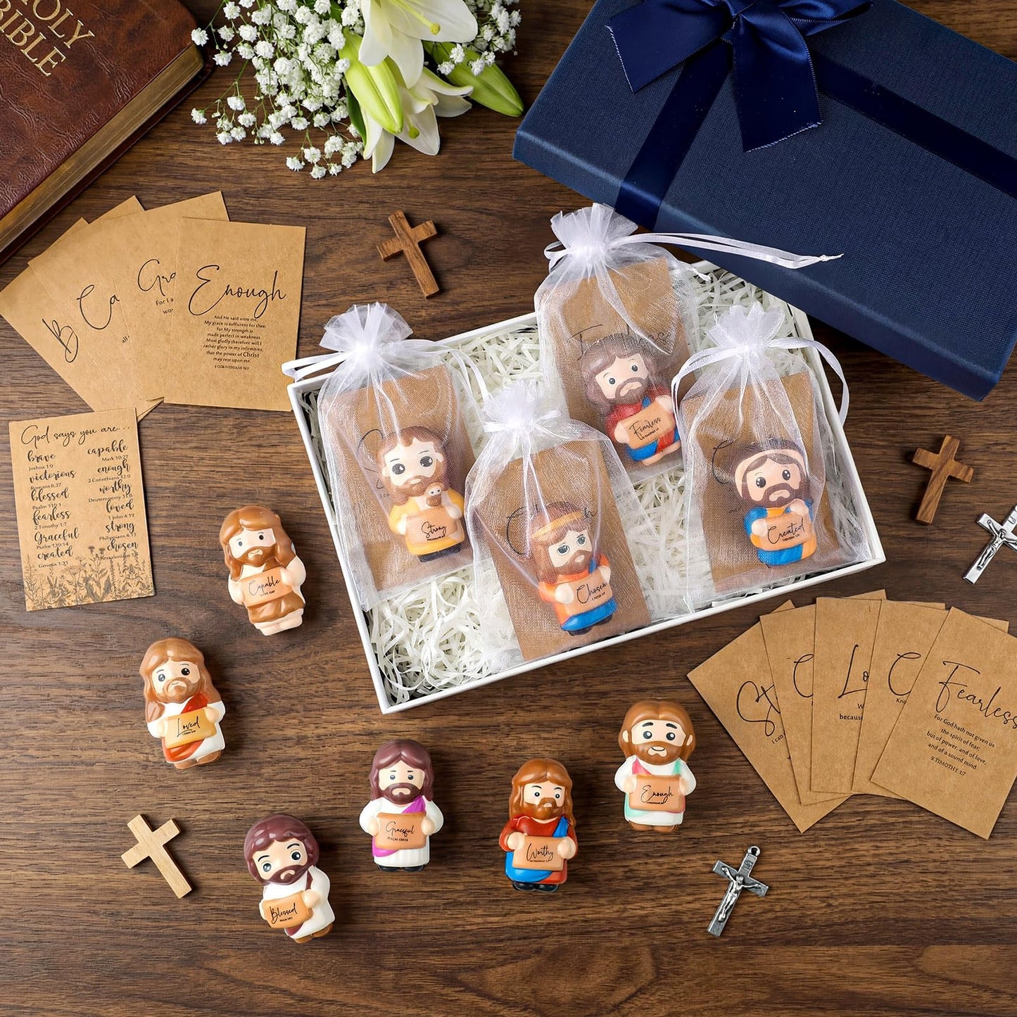 Soulchen 50 Set Fathers Day Jesus Gifts Bulk, 2.36 Inch Large Jesus Figures Stress Ball with Prayer Card and Organza Bag, Inspirational Christian Gifts for Church, Party Favor, Desk Decor (Scripture)