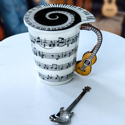 Guitar Novelty Mug Unique Musical Gift Coffee Cup with Cool Music Themed Lid & Guitar Handle Design & Guitar Spoon, Great Gifts for Music Teachers,&guitarLoversfor Holidays,Fathers Day,Men,Woman