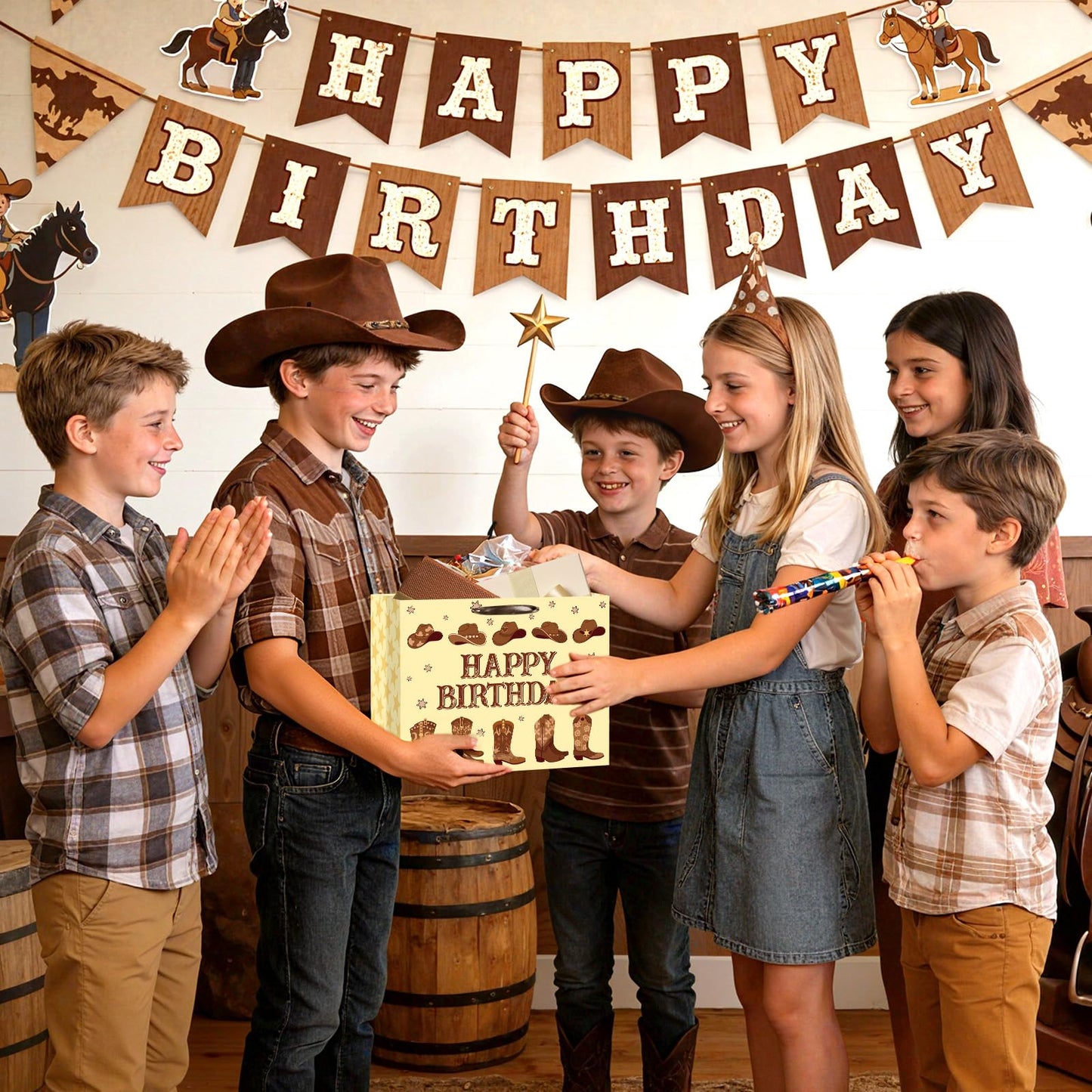 Cowboy Birthday Gift Bag Western Rodeo Baby Shower Gifts Bag with Tissue Paper Card Brown Cowboy Boots Wrapping Paper Bag for Boy Men Adult Birthday First Rodeo Western Theme Party Favor Decoration