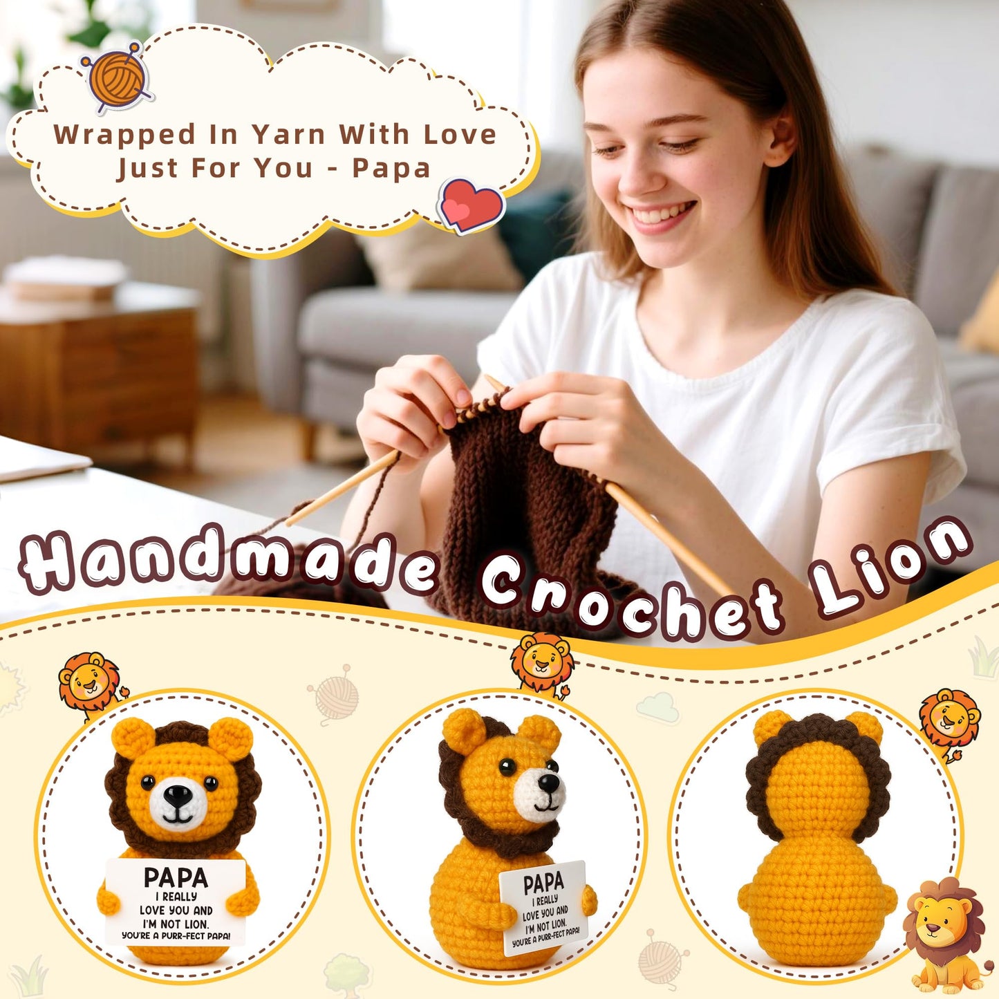 Grandpa Fathers Day Papa Gifts from Grandkids, Father's Day Grandpa Papa Birthday Gifts from Granddaughter Grandson, Best Grandfather Ever Gift, Grandparents Day Gift, Funny Handmade Crochet Lion