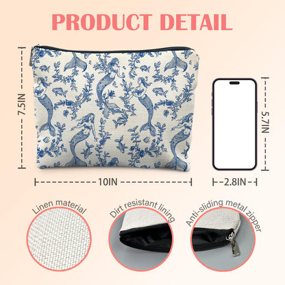 Blue Toile Mermaid Makeup Bag for Women, Mermaid Gifts for Women, Nautical Ocean Coastal Cosmetic Bag for Purse, Preppy Beachy Chinoiserie Makeup Zipper Pouch