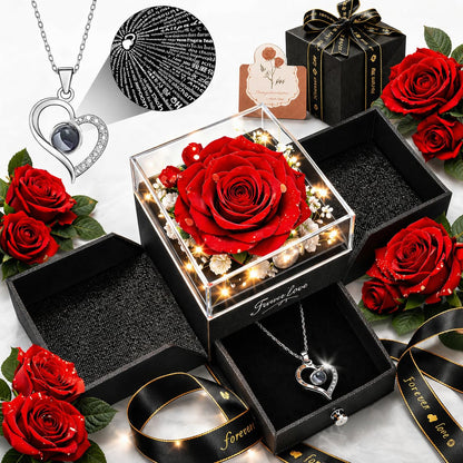 Forever Love Preserved Real Rose with Heart Necklace, Mothers Day Gifts for Mom, Wife, Anniversary Birthday Gifts for Women – Projects “I Love You” in 100 Languages