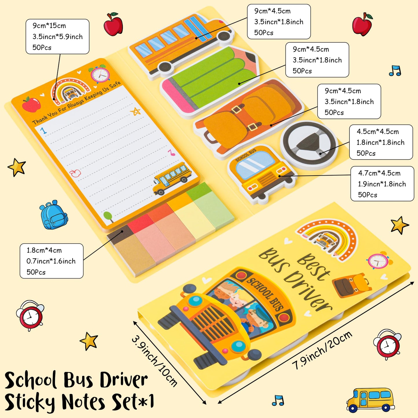 Xqumoi Best Bus Driver Sticky Notes Set - School Bus Pencil Shaped Self-Stick Note Pads Teacher Appreciation Thank You Gift Writing Memo Pad Page Marker Back to School Office Party Favors Supplies