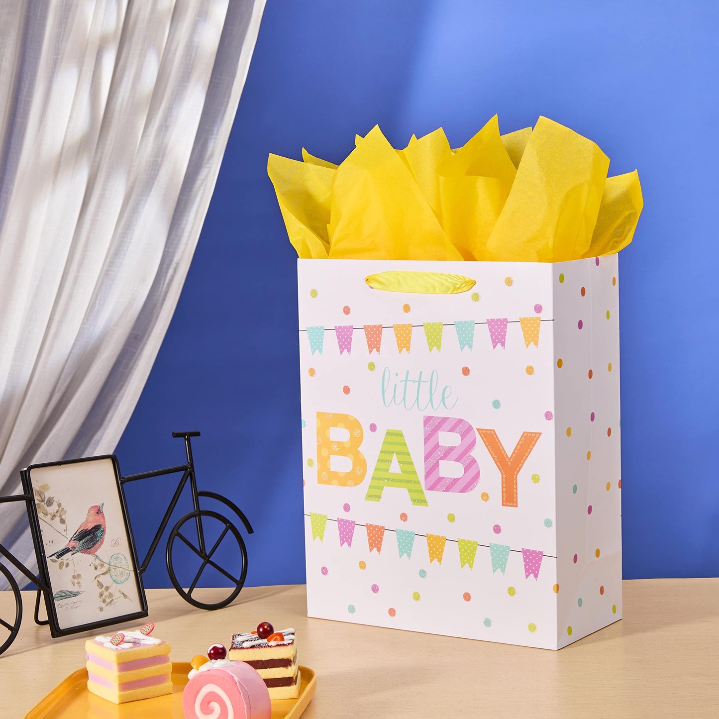SUNCOLOR Large Gift Bag for Baby Shower with Tissue Paper, White Paper Bag with Colorful Banner Design, 13x10.2x4.7 Inches, Includes Card and Yellow Tissue Paper