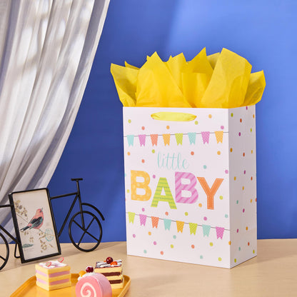 SUNCOLOR Large Gift Bag for Baby Shower with Tissue Paper, White Paper Bag with Colorful Banner Design, 13x10.2x4.7 Inches, Includes Card and Yellow Tissue Paper